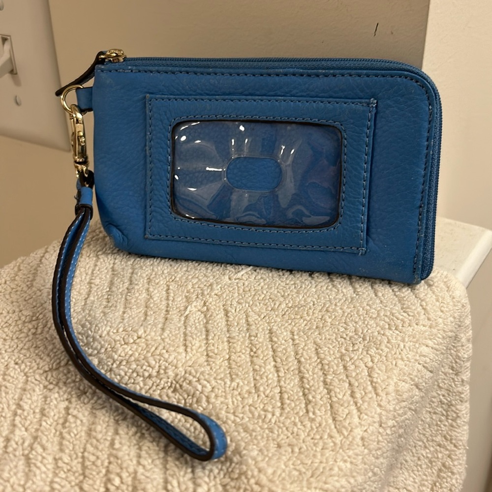 b. Makowsky Blue Leather Full Zip Wristlet Card Holder Wallet Detachable Strap - Picture 2 of 12